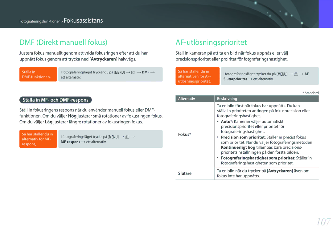 Samsung EV-NXF1ZZB2IDK manual 107, DMF Direkt manuell fokus, AF-utlösningsprioritet, Ställa in MF- och DMF-respons 