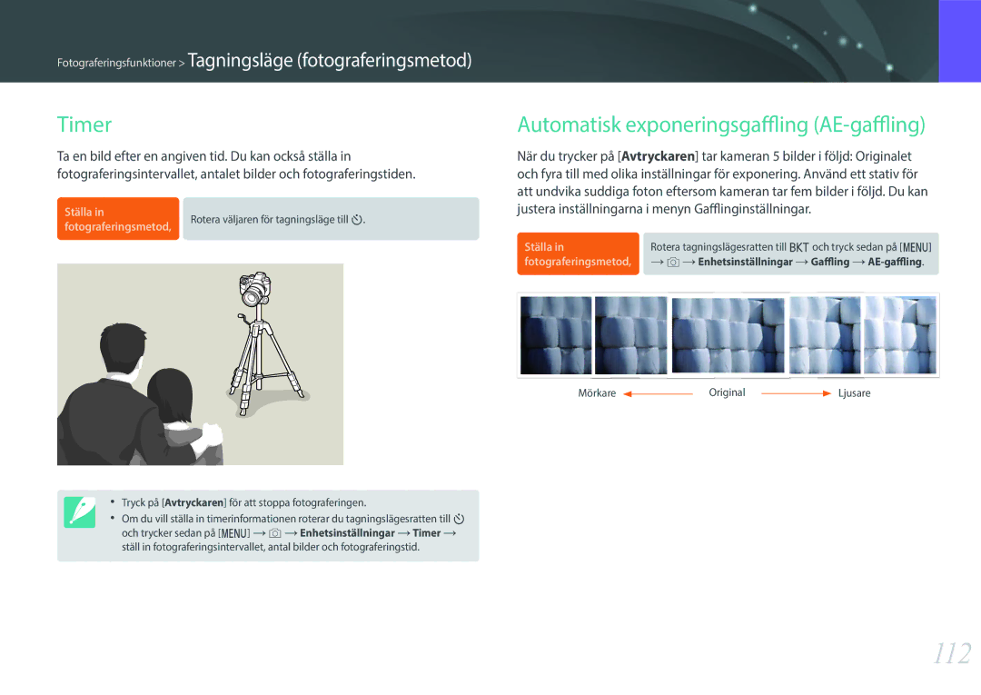 Samsung EV-NX1ZZZBMBSE, EV-NXF1ZZB1HSE, EV-NX1ZZZBZBSE manual 112, Timer, Automatisk exponeringsgaffling AE-gaffling 