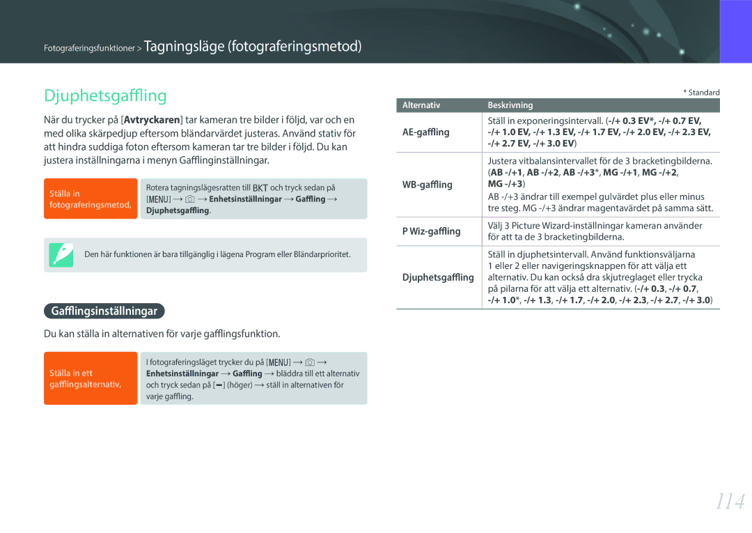 Samsung EV-NXF1ZZB1HDK, EV-NXF1ZZB1HSE, EV-NX1ZZZBZBSE, EV-NXF1ZZB1KDK manual 114, Djuphetsgaffling, Gafflingsinställningar 