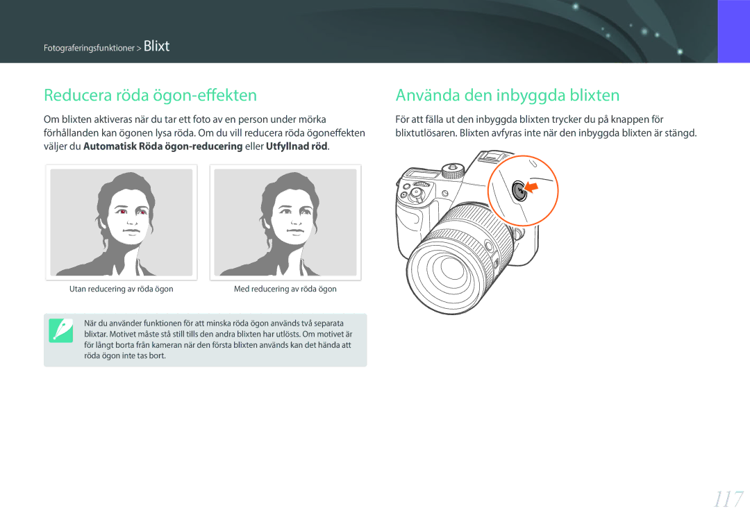 Samsung EV-NX1ZZZBQBSE, EV-NXF1ZZB1HSE, EV-NX1ZZZBZBSE manual 117, Reducera röda ögon-effekten, Använda den inbyggda blixten 