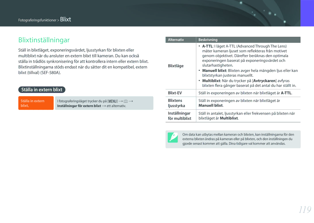 Samsung EV-NXF1ZZB1HSE, EV-NX1ZZZBZBSE, EV-NXF1ZZB1KDK, EV-NXF1ZZB2IDK manual 119, Blixtinställningar, Ställa in extern blixt 