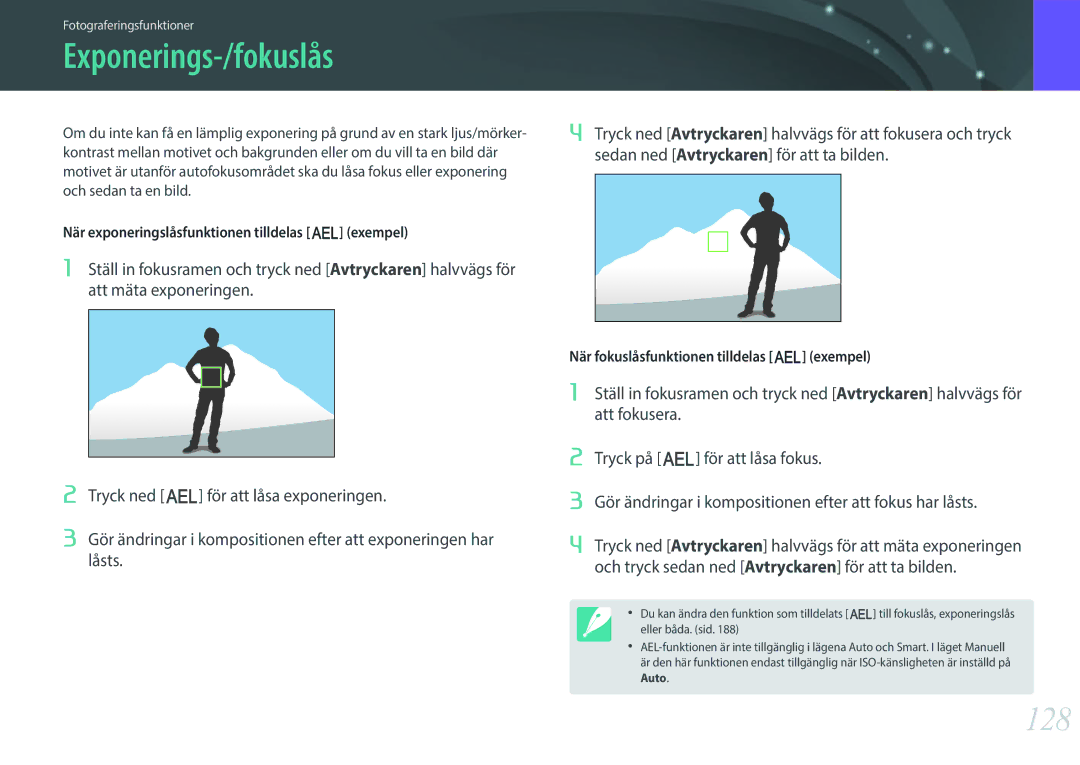 Samsung EV-NX1ZZZBZBDK, EV-NXF1ZZB1HSE, EV-NX1ZZZBZBSE, EV-NXF1ZZB1KDK, EV-NXF1ZZB2IDK manual Exponerings-/fokuslås, 128 