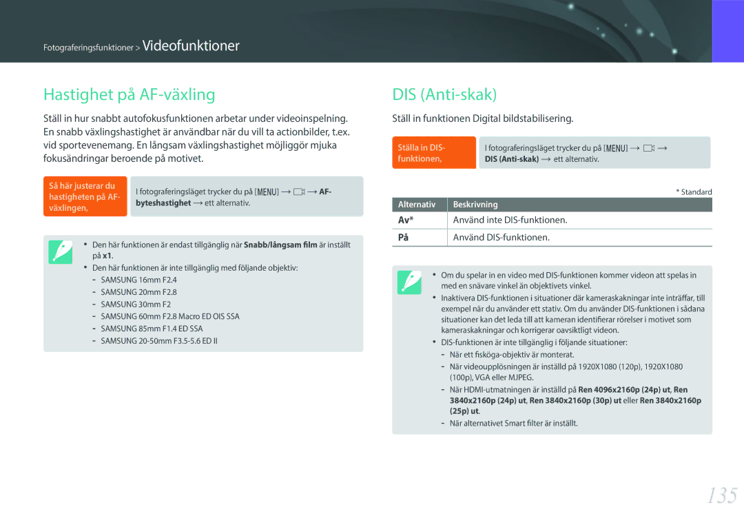 Samsung EV-NX1ZZZBZBSE 135, Hastighet på AF-växling, DIS Anti-skak, Använd inte DIS-funktionen, Använd DIS-funktionen 