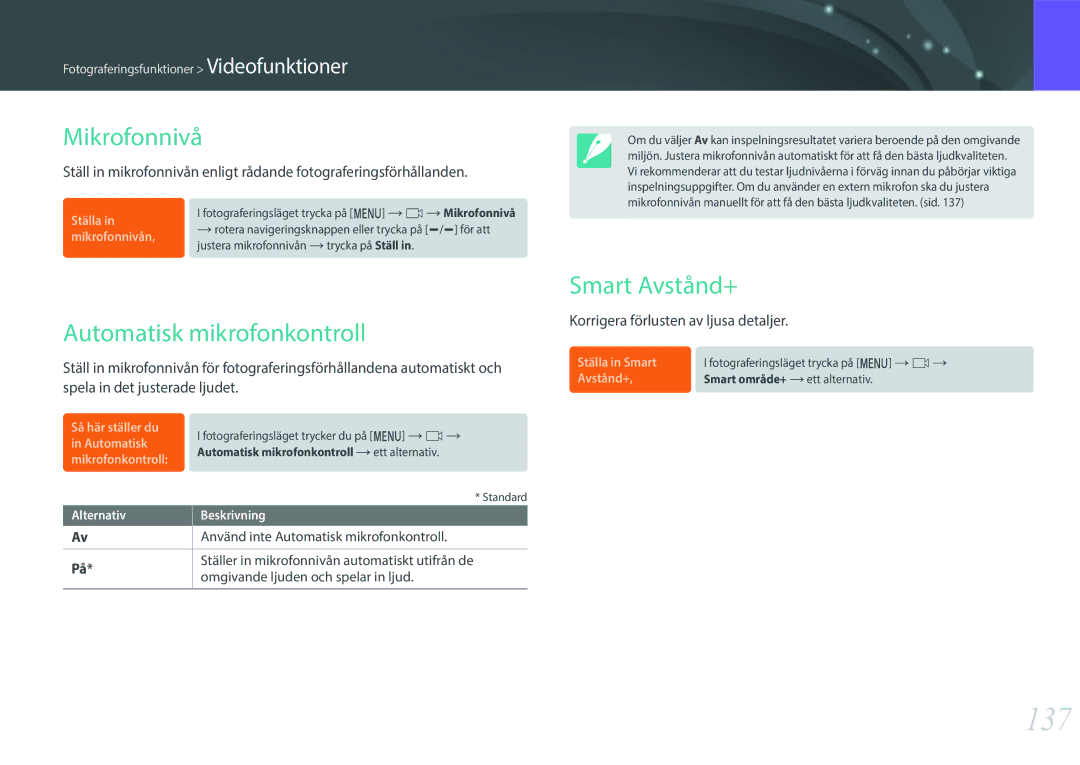 Samsung EV-NXF1ZZB2IDK, EV-NXF1ZZB1HSE, EV-NX1ZZZBZBSE manual 137, Mikrofonnivå, Automatisk mikrofonkontroll, Smart Avstånd+ 