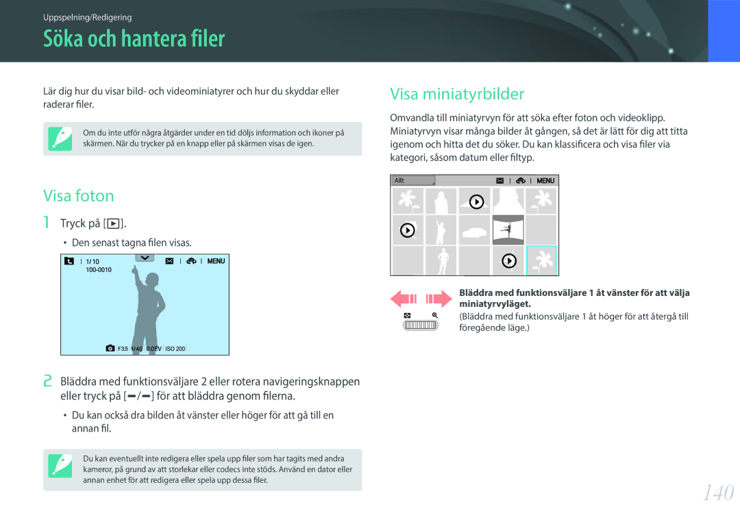 Samsung EV-NXF1ZZB2ISE, EV-NXF1ZZB1HSE manual Söka och hantera filer, 140, Visa foton, Visa miniatyrbilder, Tryck på y 