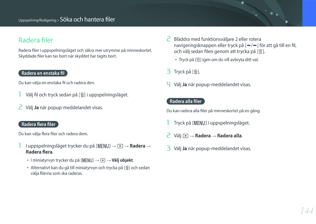 Samsung EV-NXF1ZZB1HDK, EV-NXF1ZZB1HSE 144, Radera filer, Radera en enstaka fil, Radera flera filer, Radera alla filer 