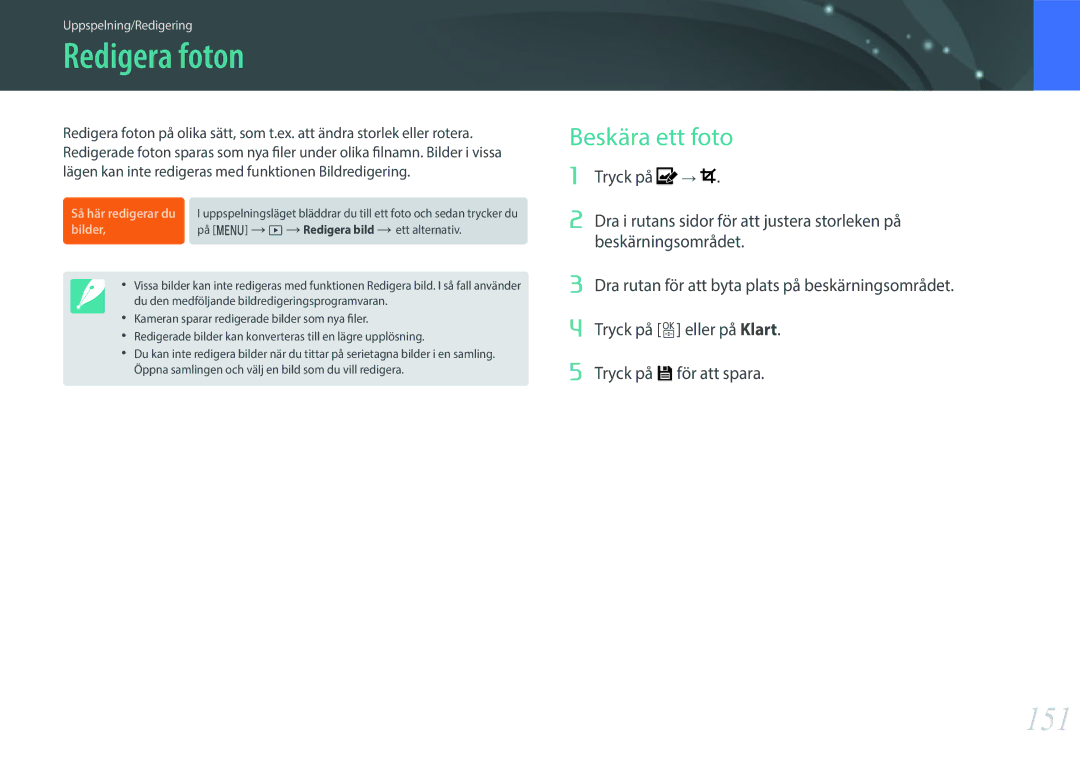 Samsung EV-NXF1ZZB1KDK, EV-NXF1ZZB1HSE, EV-NX1ZZZBZBSE, EV-NXF1ZZB2IDK manual Redigera foton, 151, Beskära ett foto, Bilder 