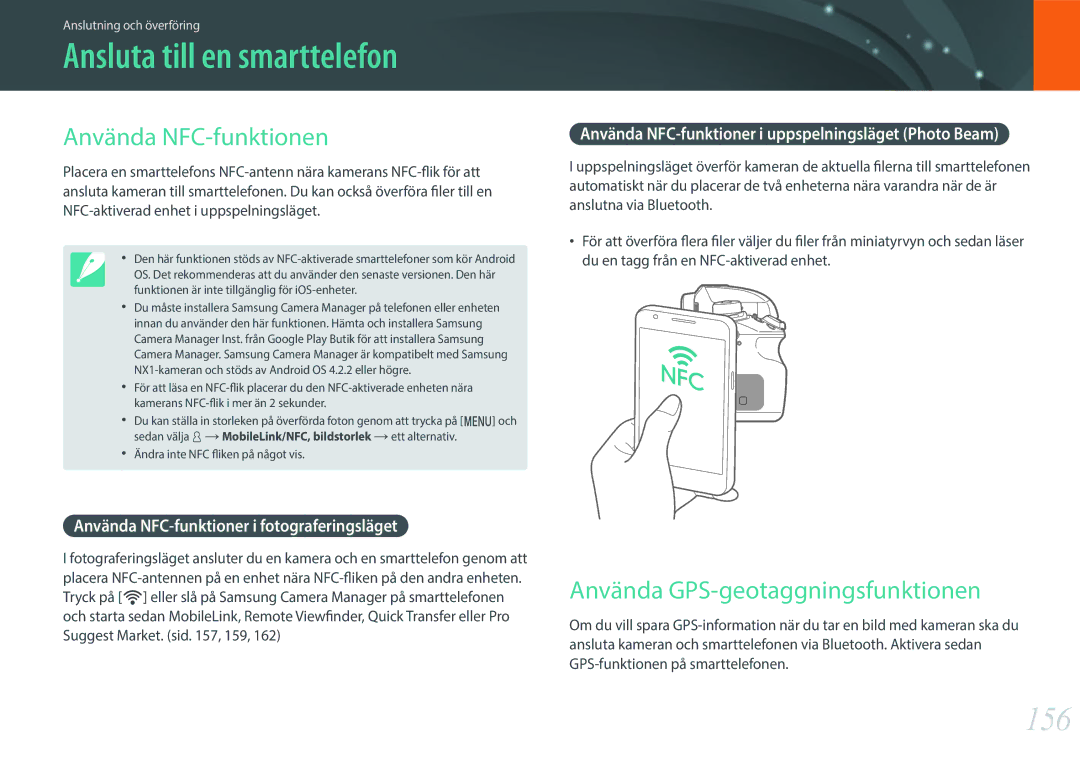 Samsung EV-NX1ZZZBMBDK manual Ansluta till en smarttelefon, 156, Använda NFC-funktionen, Använda GPS-geotaggningsfunktionen 