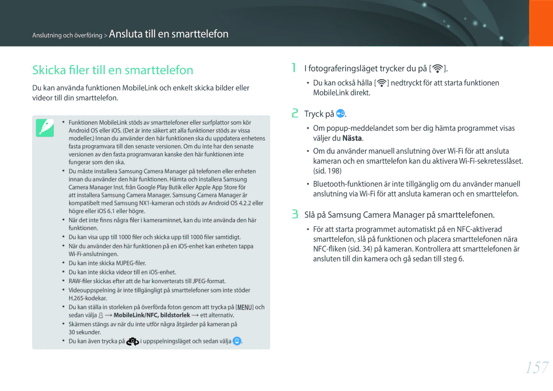 Samsung EV-NX1ZZZBMBSE, EV-NXF1ZZB1HSE manual 157, Skicka filer till en smarttelefon, Fotograferingsläget trycker du på R 