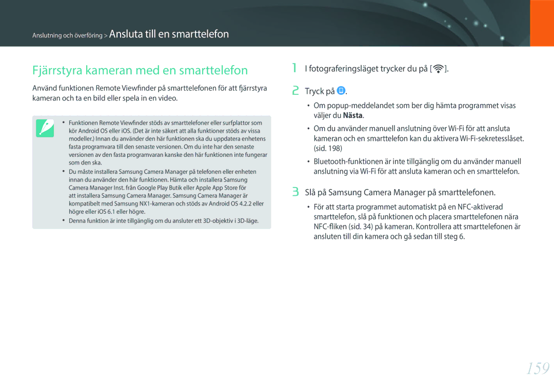 Samsung EV-NXF1ZZB1HDK manual 159, Fjärrstyra kameran med en smarttelefon, Fotograferingsläget trycker du på R Tryck på 