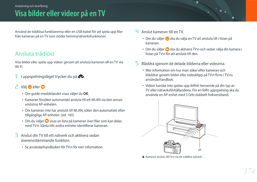 Samsung EV-NXF1ZZB1HDK manual 174, Ansluta trådlöst, Uppspelningsläget trycker du på Välj eller, Anslut kameran till en TV 