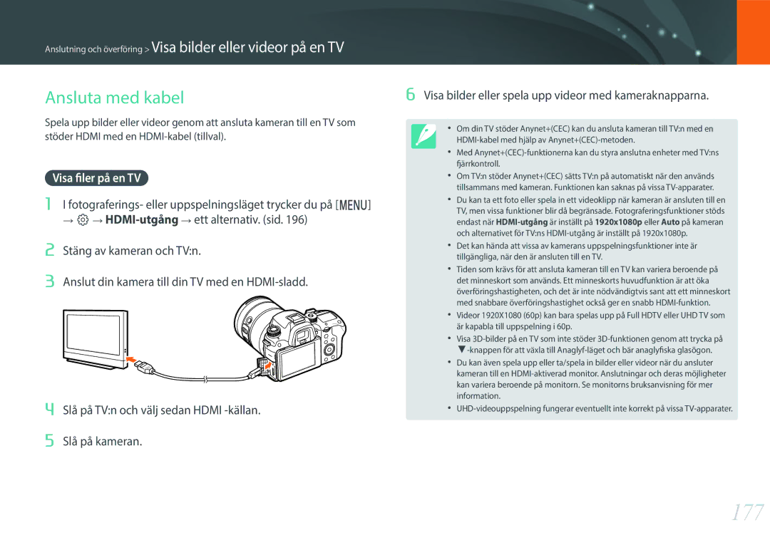 Samsung EV-NX1ZZZBQBSE, EV-NXF1ZZB1HSE, EV-NX1ZZZBZBSE, EV-NXF1ZZB1KDK manual 177, Ansluta med kabel, Visa filer på en TV 