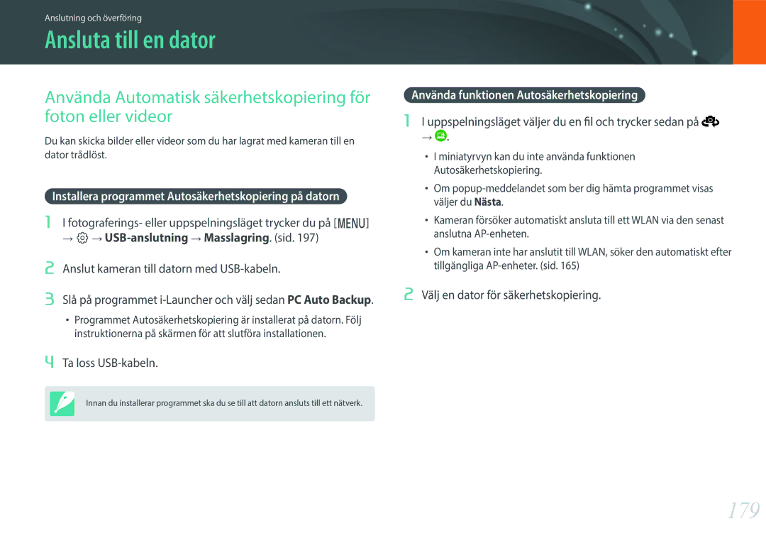 Samsung EV-NXF1ZZB1HSE, EV-NX1ZZZBZBSE Ansluta till en dator, 179, Installera programmet Autosäkerhetskopiering på datorn 