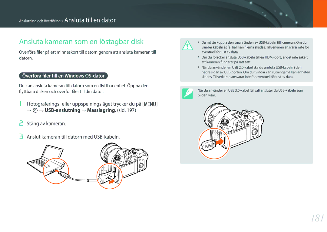 Samsung EV-NXF1ZZB1KDK, EV-NXF1ZZB1HSE 181, Ansluta kameran som en löstagbar disk, Överföra filer till en Windows OS-dator 