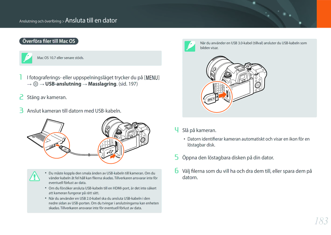 Samsung EV-NXF1ZZB1QSE, EV-NXF1ZZB1HSE, EV-NX1ZZZBZBSE, EV-NXF1ZZB1KDK, EV-NXF1ZZB2IDK manual 183, Överföra filer till Mac OS 