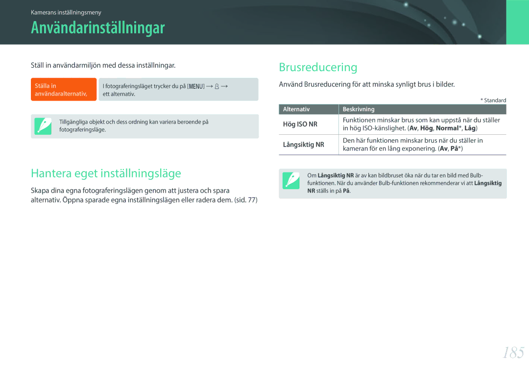 Samsung EV-NXF1ZZB2ISE, EV-NXF1ZZB1HSE manual Användarinställningar, 185, Brusreducering, Hantera eget inställningsläge 