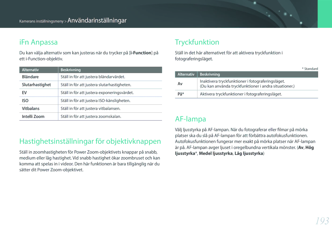 Samsung EV-NXF1ZZB1QDK manual 193, IFn Anpassa, Hastighetsinställningar för objektivknappen, Tryckfunktion, AF-lampa 