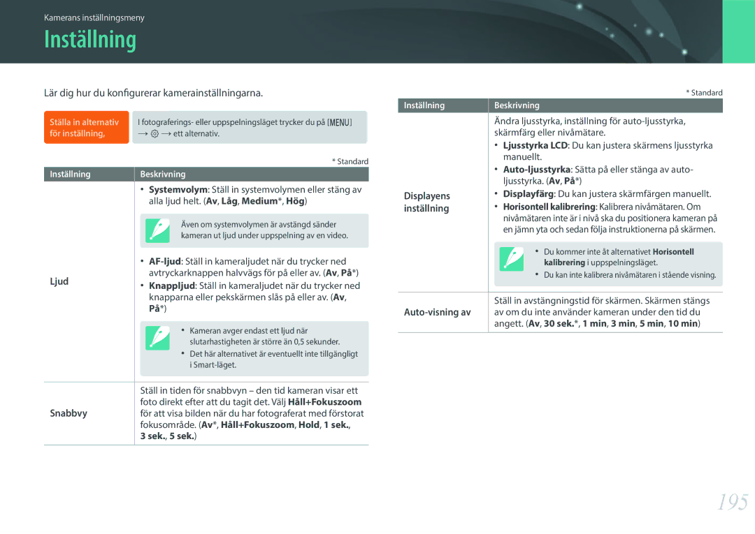 Samsung EV-NX1ZZZBZBSE, EV-NXF1ZZB1HSE, EV-NXF1ZZB1KDK Inställning, 195, Lär dig hur du konfigurerar kamerainställningarna 