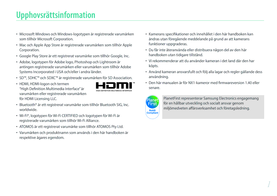 Samsung EV-NXF1ZZB1KDK, EV-NXF1ZZB1HSE, EV-NX1ZZZBZBSE, EV-NXF1ZZB2IDK, EV-NXF1ZZB1QSE, EV-NXF1ZZB2HDK Upphovsrättsinformation 