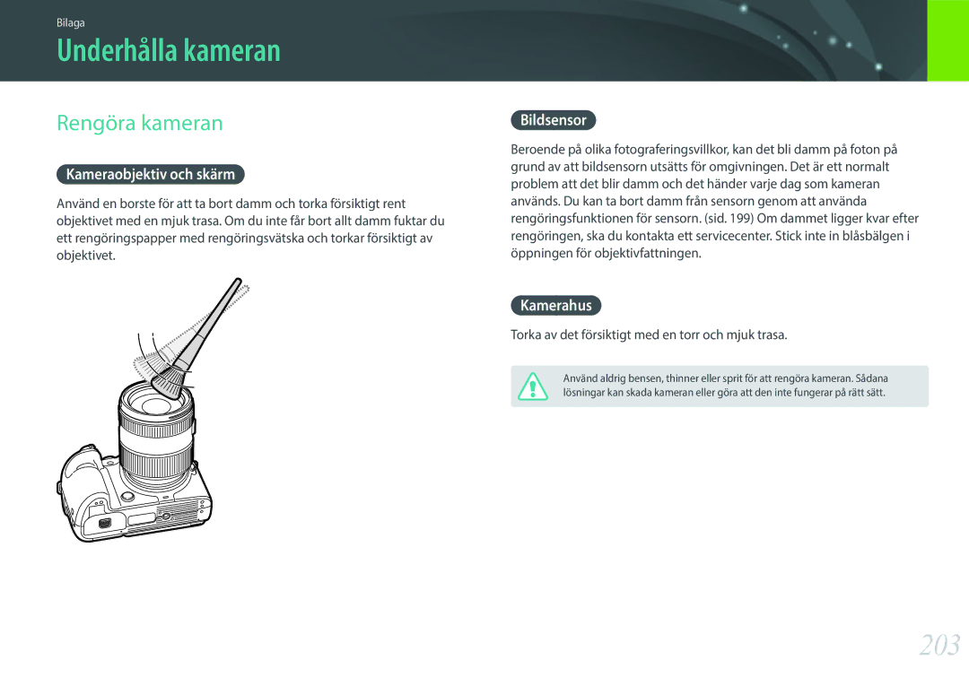 Samsung EV-NX1ZZZBZBDK, EV-NXF1ZZB1HSE, EV-NX1ZZZBZBSE, EV-NXF1ZZB1KDK manual Underhålla kameran, 203, Rengöra kameran 