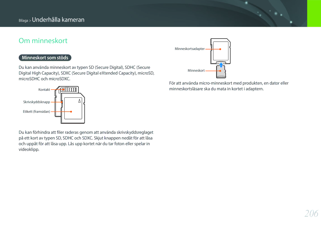 Samsung EV-NX1ZZZBQBDK, EV-NXF1ZZB1HSE, EV-NX1ZZZBZBSE, EV-NXF1ZZB1KDK manual 206, Om minneskort, Minneskort som stöds 