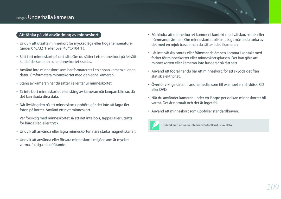 Samsung EV-NXF1ZZB1HSE, EV-NX1ZZZBZBSE, EV-NXF1ZZB1KDK, EV-NXF1ZZB2IDK manual 209, Att tänka på vid användning av minneskort 