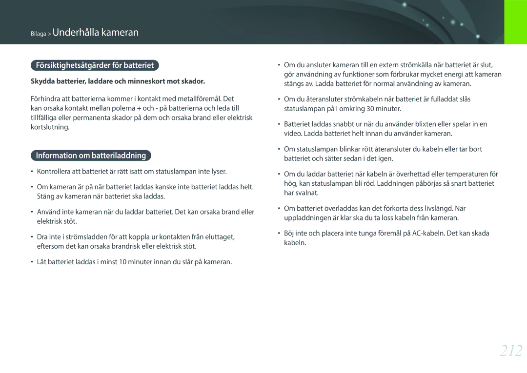 Samsung EV-NXF1ZZB2IDK, EV-NXF1ZZB1HSE manual 212, Försiktighetsåtgärder för batteriet, Information om batteriladdning 