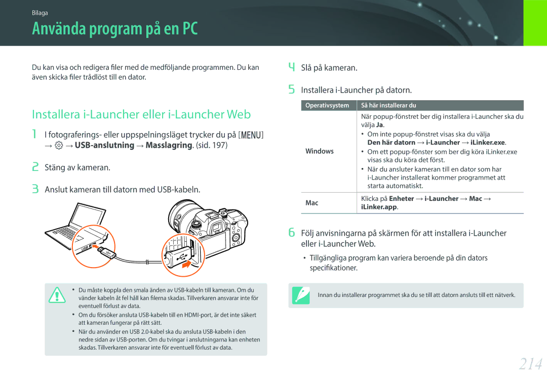 Samsung EV-NXF1ZZB2HDK, EV-NXF1ZZB1HSE manual Använda program på en PC, 214, Installera i-Launcher eller i-Launcher Web 