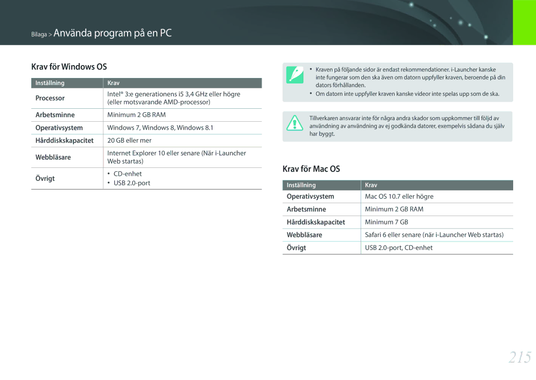 Samsung EV-NXF1ZZB2ISE, EV-NXF1ZZB1HSE, EV-NX1ZZZBZBSE, EV-NXF1ZZB1KDK manual 215, Krav för Windows OS, Krav för Mac OS 