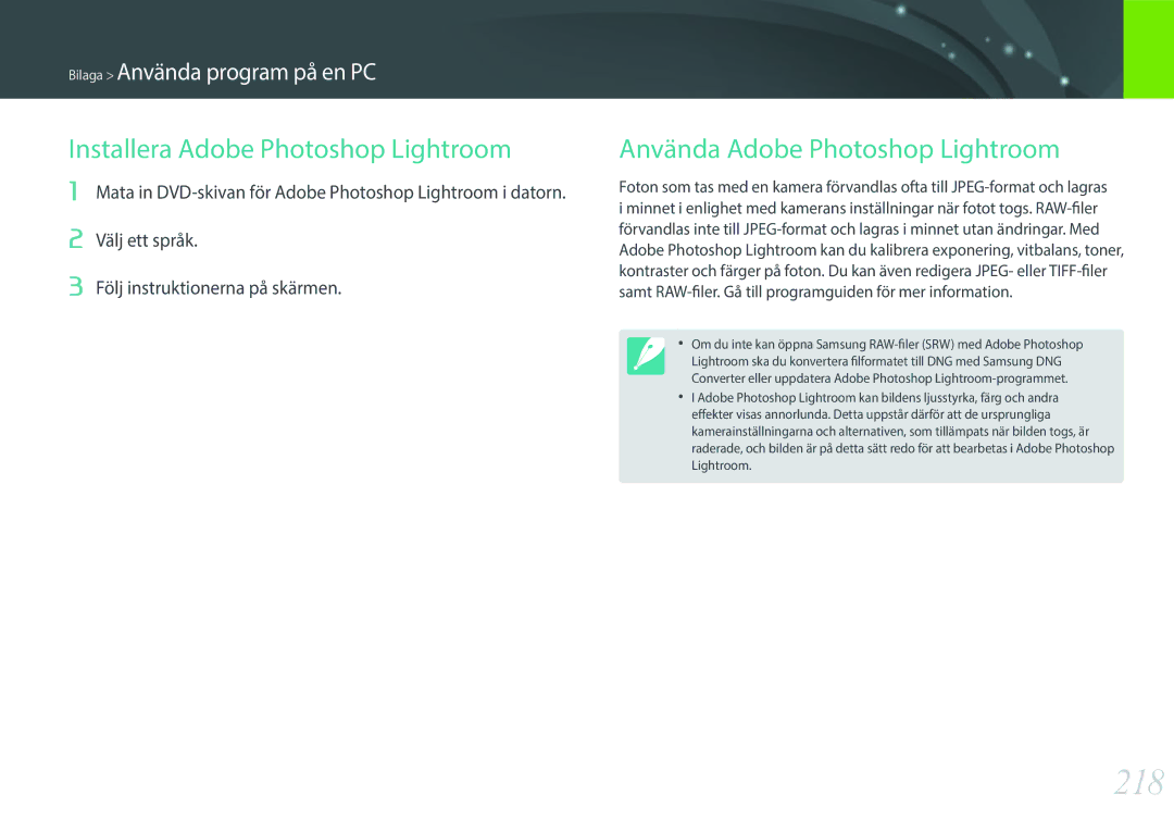 Samsung EV-NX1ZZZBZBDK, EV-NXF1ZZB1HSE manual 218, Installera Adobe Photoshop Lightroom, Använda Adobe Photoshop Lightroom 