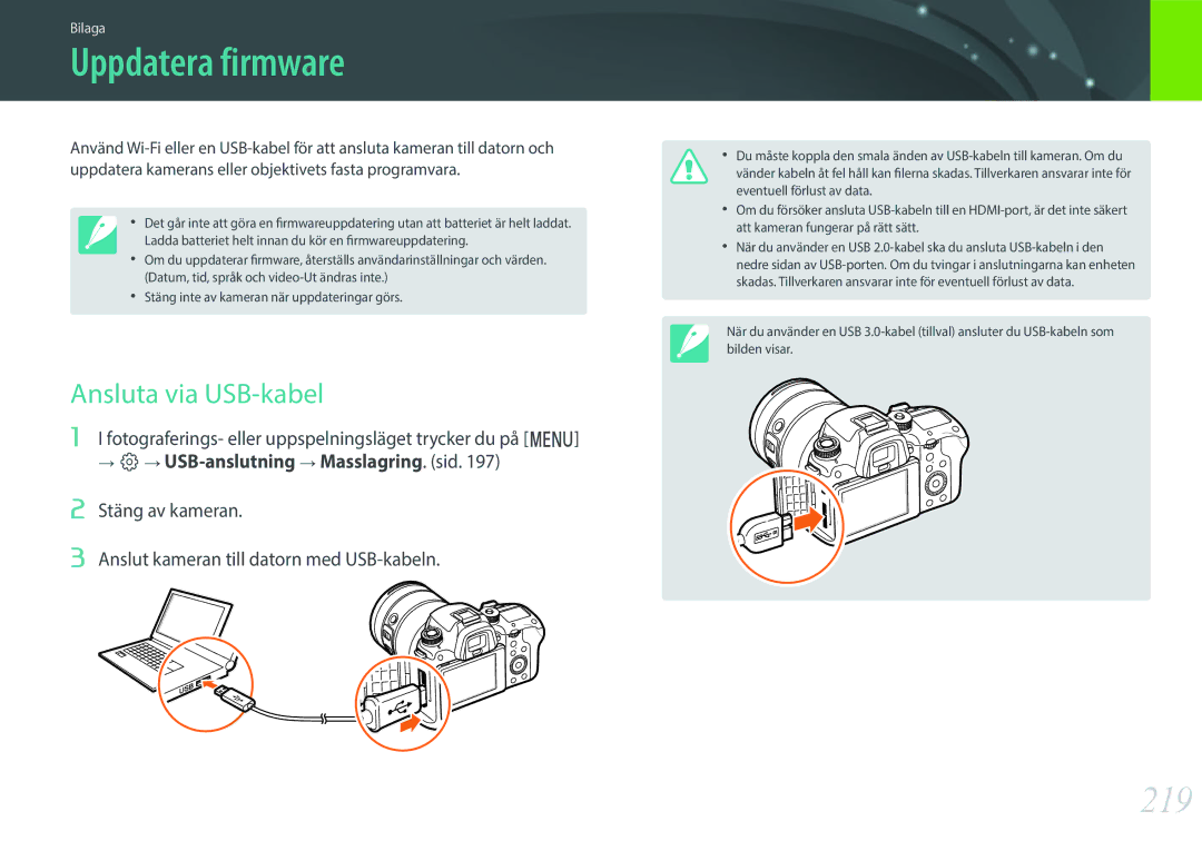 Samsung EV-NXF1ZZB1HDK, EV-NXF1ZZB1HSE, EV-NX1ZZZBZBSE, EV-NXF1ZZB1KDK manual Uppdatera firmware, 219, Ansluta via USB-kabel 