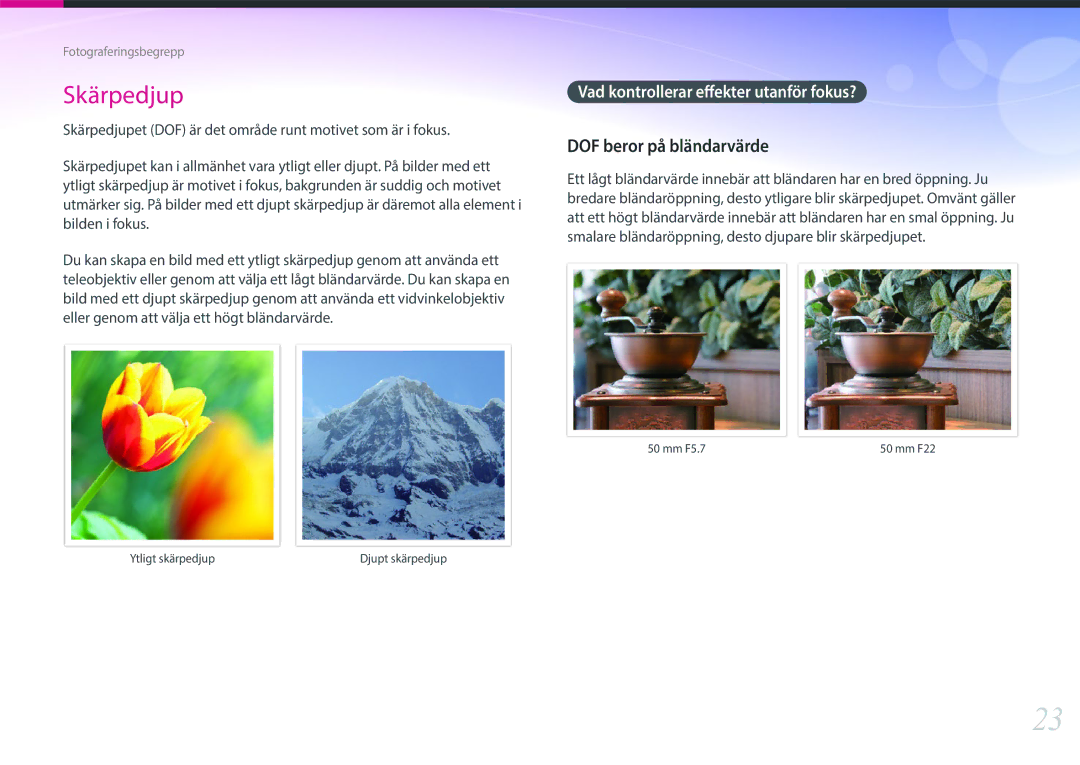 Samsung EV-NX1ZZZBZBDK, EV-NXF1ZZB1HSE, EV-NX1ZZZBZBSE DOF beror på bländarvärde, Vad kontrollerar effekter utanför fokus? 