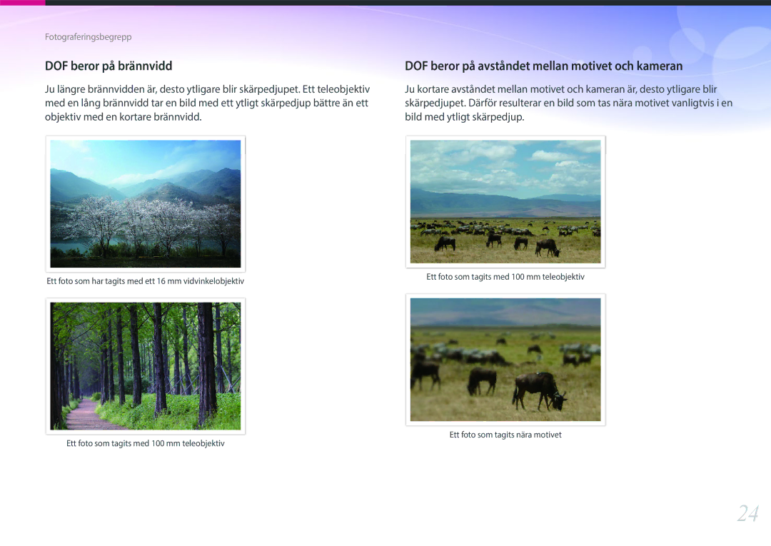 Samsung EV-NXF1ZZB1HDK, EV-NXF1ZZB1HSE manual DOF beror på brännvidd, DOF beror på avståndet mellan motivet och kameran 