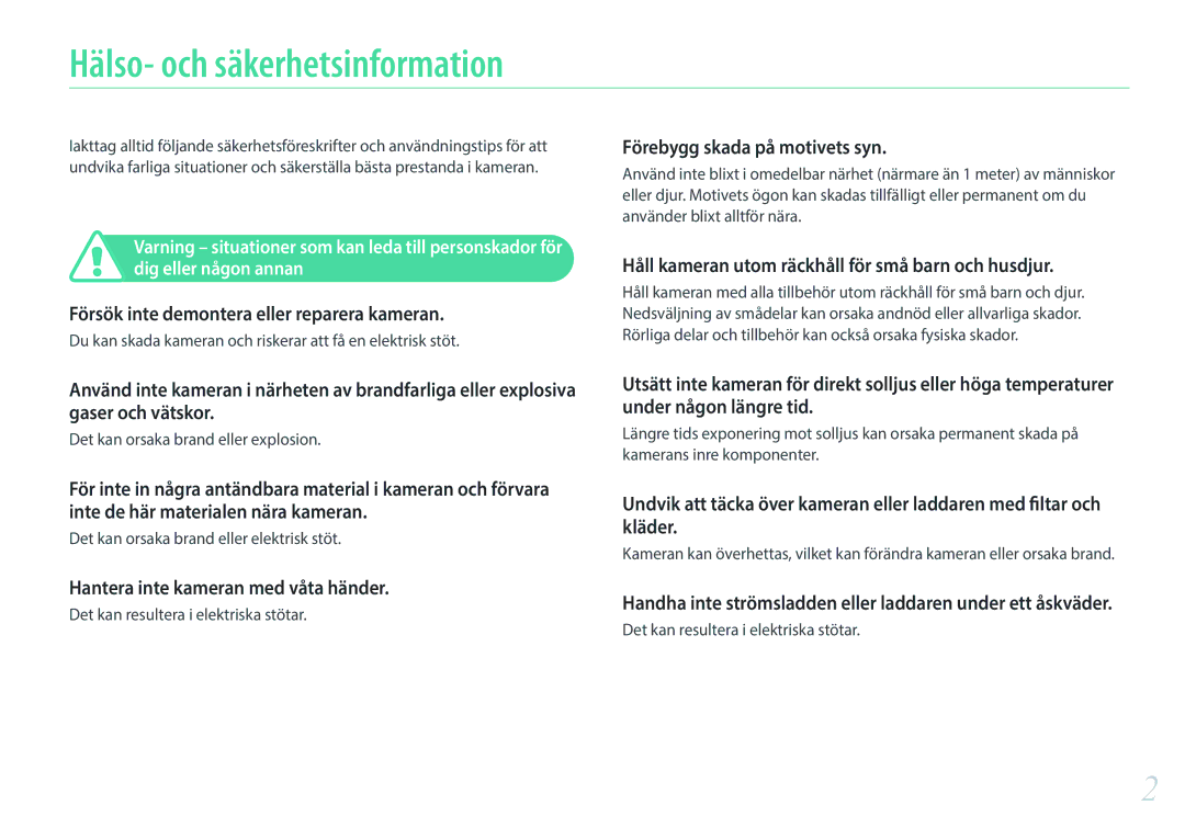 Samsung EV-NXF1ZZB2IDK, EV-NXF1ZZB1HSE manual Hälso- och säkerhetsinformation, Försök inte demontera eller reparera kameran 