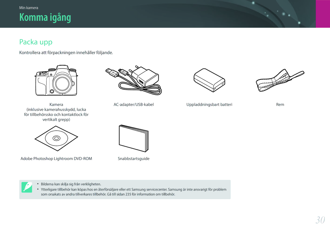 Samsung EV-NX1ZZZBZBSE, EV-NXF1ZZB1HSE manual Komma igång, Packa upp, Kontrollera att förpackningen innehåller följande 