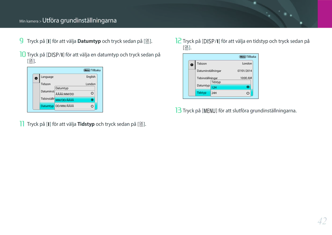 Samsung EV-NX1ZZZBQBSE manual Min kamera Utföra grundinställningarna, Tryck på m för att slutföra grundinställningarna 