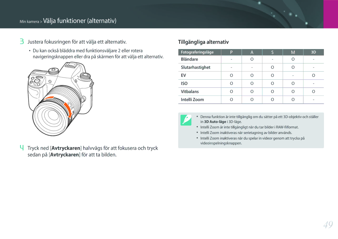 Samsung EV-NXF1ZZB2HDK Tillgängliga alternativ, Justera fokusringen för att välja ett alternativ, Bländare Slutarhastighet 