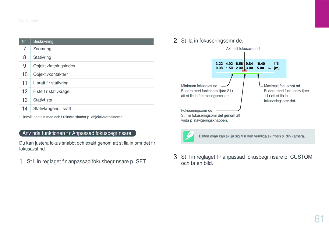 Samsung EV-NXF1ZZB1KDK, EV-NXF1ZZB1HSE, EV-NX1ZZZBZBSE Använda funktionen för Anpassad fokusbegränsare, Fokuseringsområde 