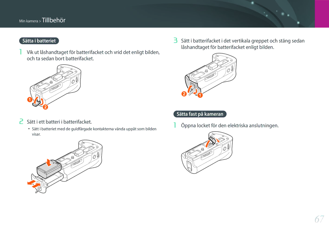 Samsung EV-NX1ZZZBMBSE manual Sätta i batteriet, Sätta fast på kameran, Öppna locket för den elektriska anslutningen 