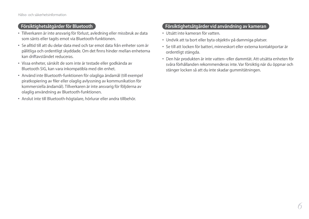 Samsung EV-NX1ZZZBMBDK manual Försiktighetsåtgärder för Bluetooth, Försiktighetsåtgärder vid användning av kameran 