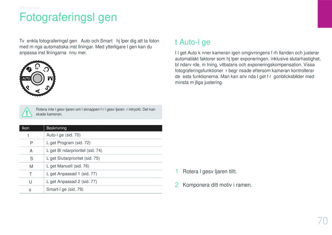 Samsung EV-NXF1ZZB1ISE manual Fotograferingslägen, Auto-läge, Rotera lägesväljaren till t Komponera ditt motiv i ramen 