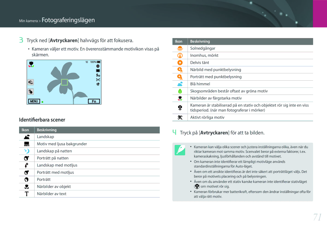 Samsung EV-NX1ZZZBQBDK, EV-NXF1ZZB1HSE manual Identifierbara scener, Tryck ned Avtryckaren halvvägs för att fokusera 