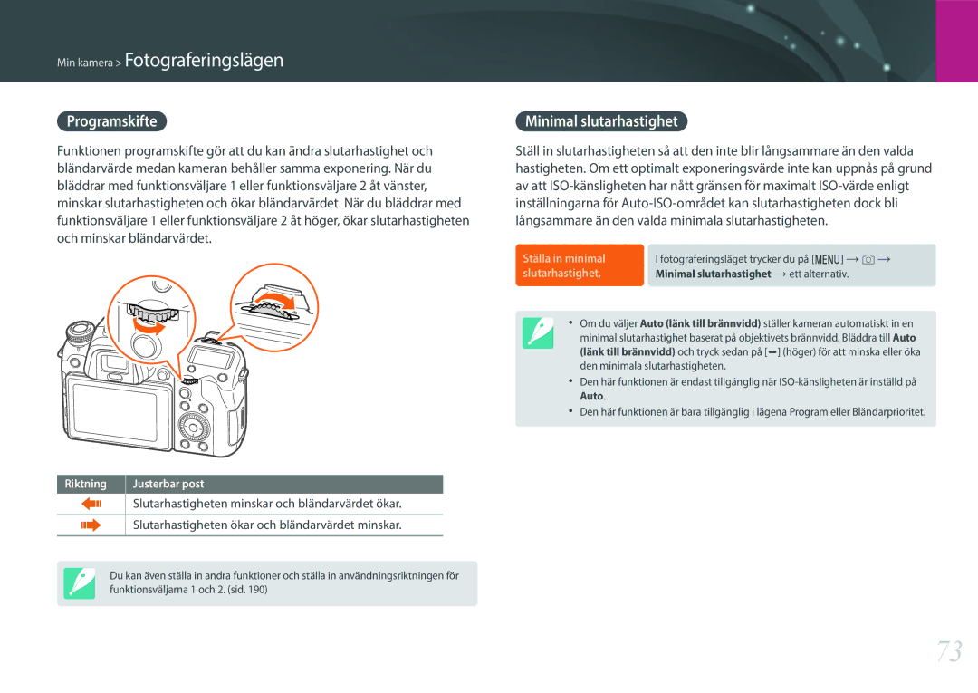 Samsung EV-NXF1ZZB1QDK, EV-NXF1ZZB1HSE manual Programskifte, Minimal slutarhastighet, Ställa in minimal, Slutarhastighet 