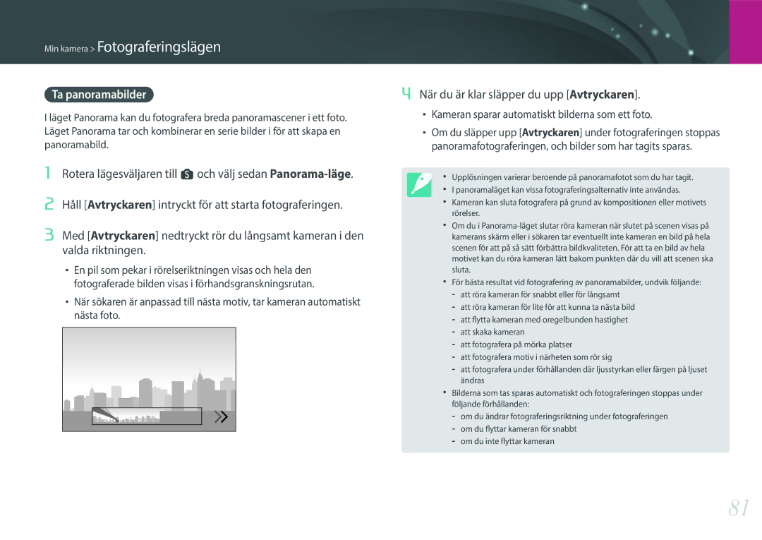 Samsung EV-NX1ZZZBMBDK, EV-NXF1ZZB1HSE, EV-NX1ZZZBZBSE manual Ta panoramabilder, När du är klar släpper du upp Avtryckaren 