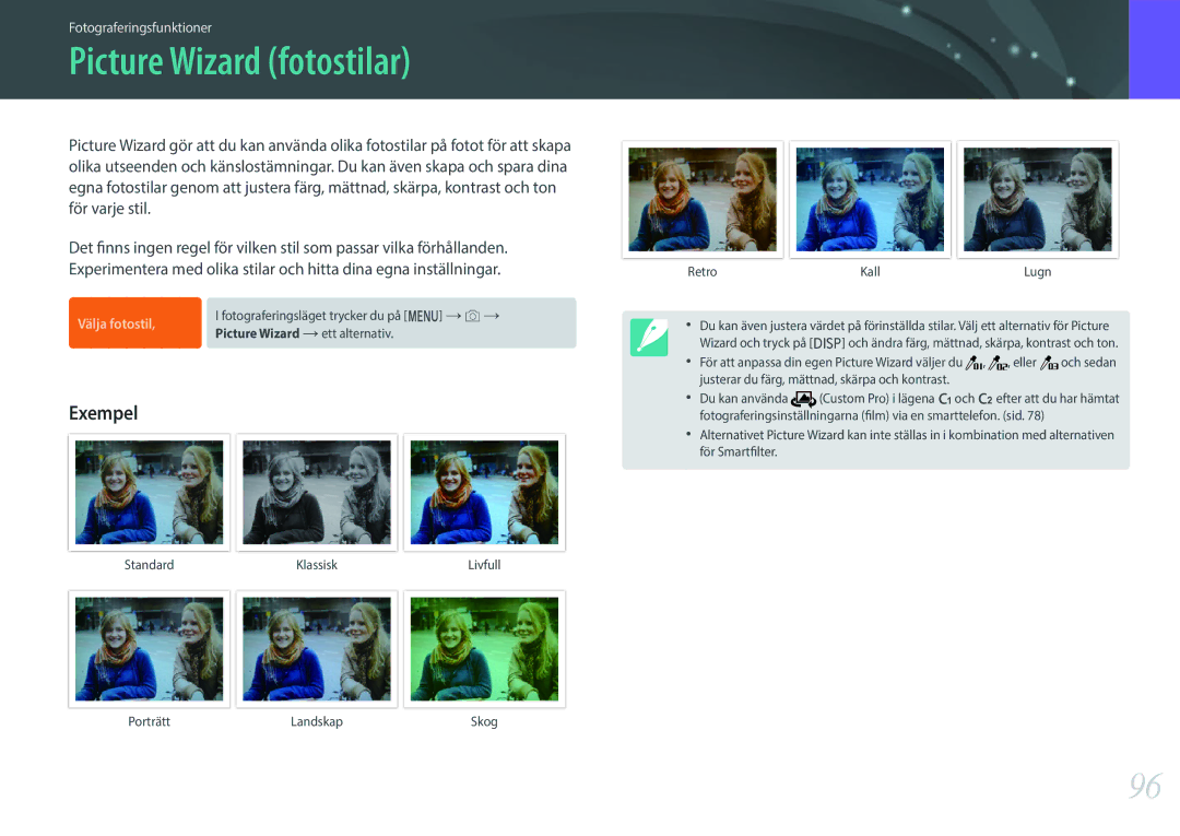 Samsung EV-NX1ZZZBMBDK, EV-NXF1ZZB1HSE, EV-NX1ZZZBZBSE, EV-NXF1ZZB1KDK manual Picture Wizard fotostilar, Välja fotostil 