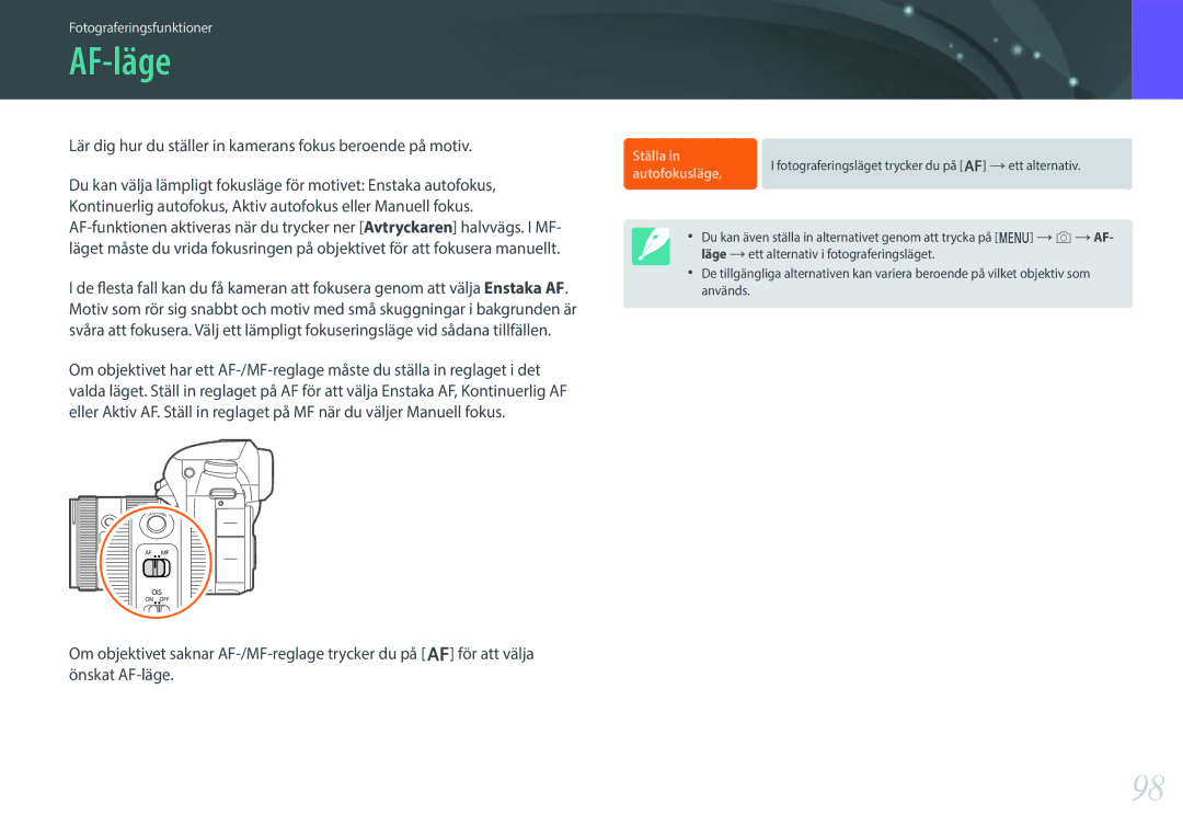 Samsung EV-NX1ZZZBZBDK, EV-NXF1ZZB1HSE AF-läge, Lär dig hur du ställer in kamerans fokus beroende på motiv, Autofokusläge 