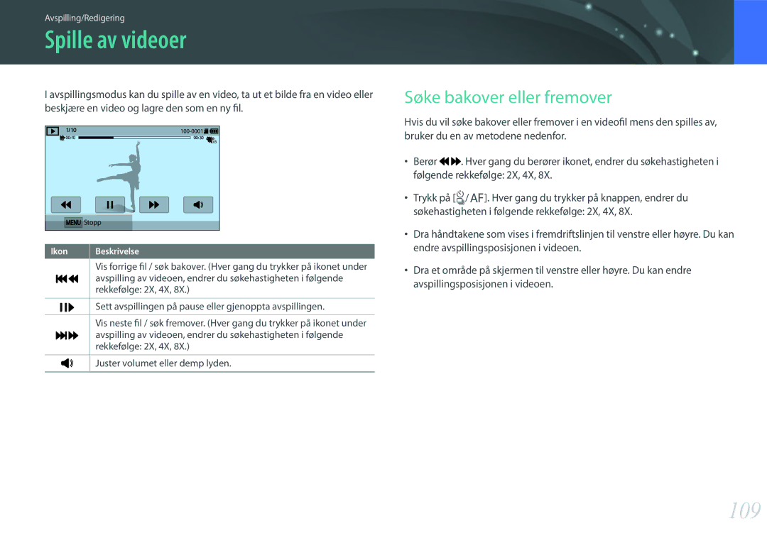 Samsung EV-NXF1ZZB2IDK, EV-NXF1ZZB1HSE, EV-NXF1ZZB1KDK, EV-NXF1ZZB1QSE Spille av videoer, 109, Søke bakover eller fremover 