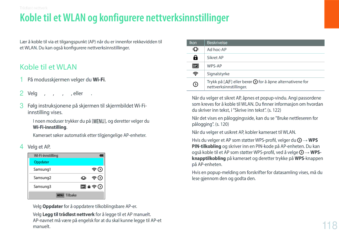 Samsung EV-NXF1ZZB2IDK, EV-NXF1ZZB1HSE manual Koble til et Wlan og konfigurere nettverksinnstillinger, 118, Velg et AP 