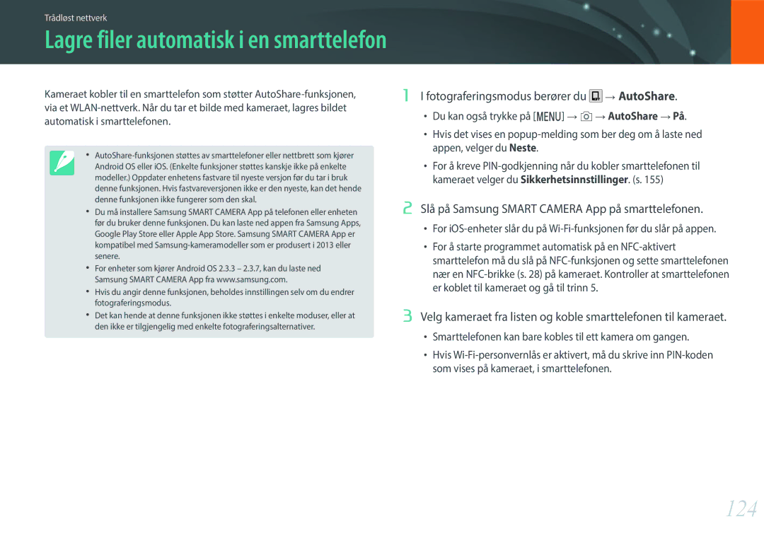 Samsung EV-NXF1ZZB1QDK 124, Fotograferingsmodus berører du AutoShare, Slå på Samsung Smart Camera App på smarttelefonen 