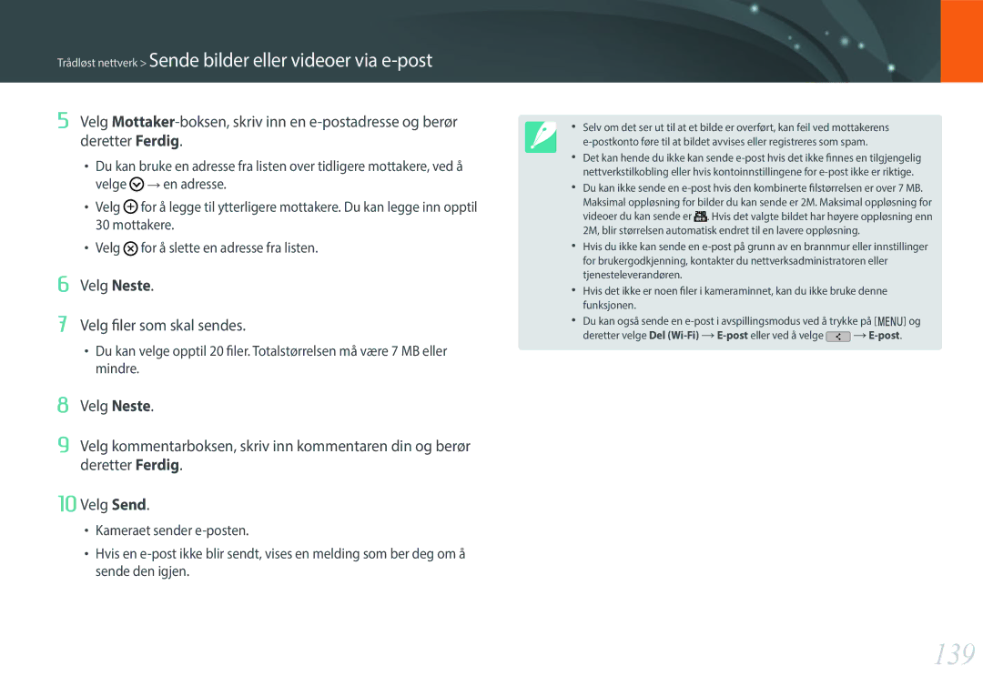 Samsung EV-NXF1ZZB2ISE, EV-NXF1ZZB1HSE, EV-NXF1ZZB1KDK, EV-NXF1ZZB2IDK manual 139, Velg Neste Velg filer som skal sendes 